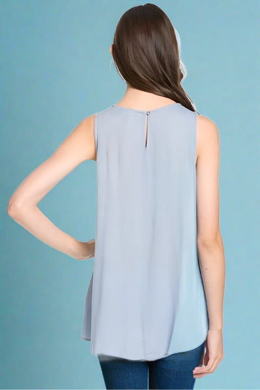 Mittoshop Flower Applique Sleeveless Top - Chambray Blue