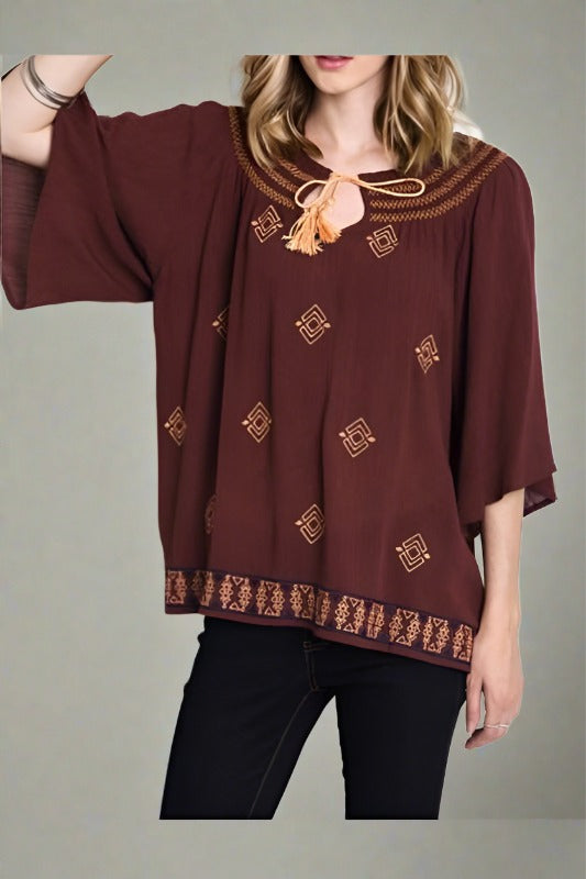 Umgee Geometric Blouse with Tassel and Yoke - Azuki