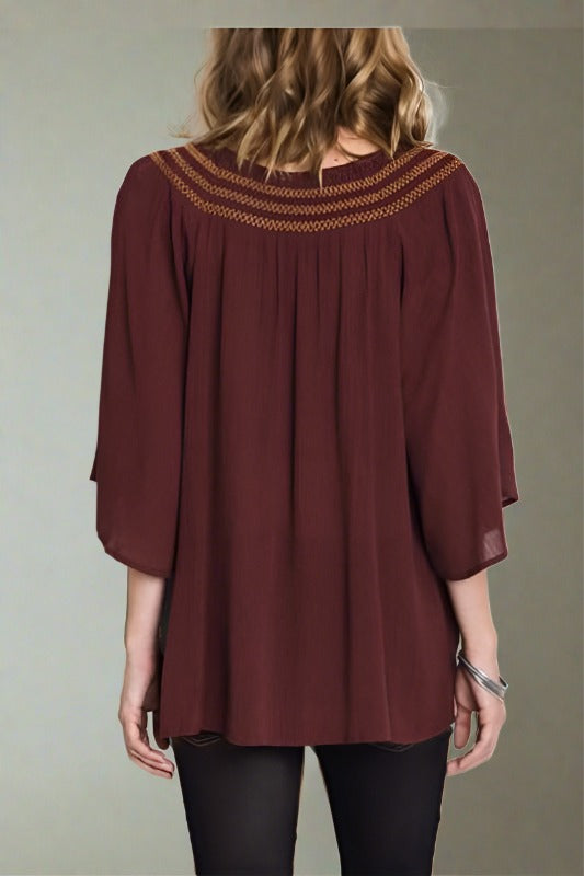 Umgee Geometric Blouse with Tassel and Yoke - Azuki