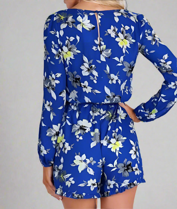 Blue Floral Chiffon V-Neck Ruffle Hem Romper