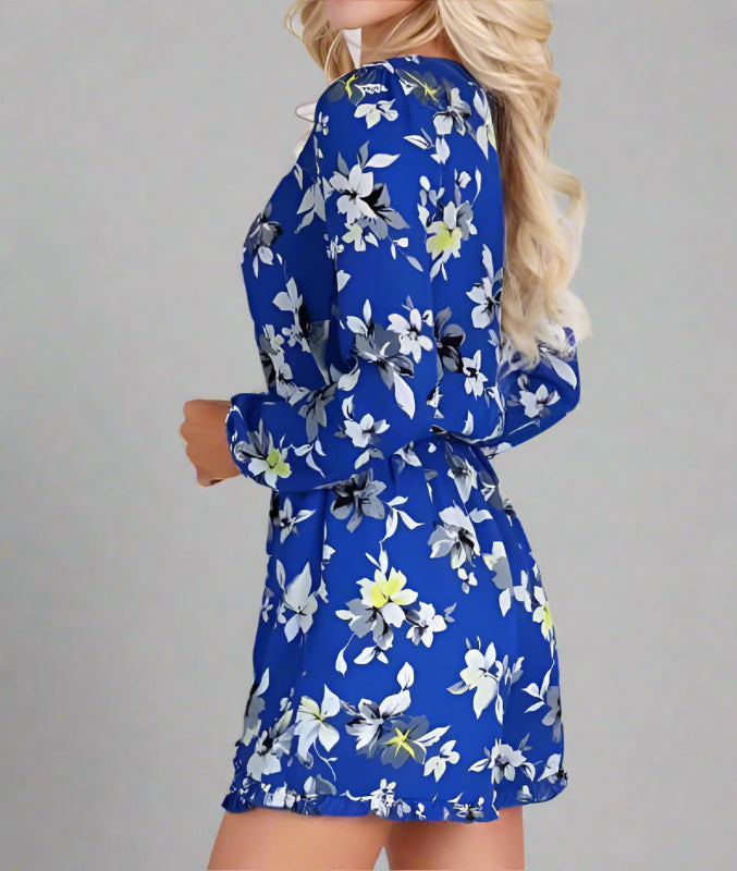 Blue Floral Chiffon V-Neck Ruffle Hem Romper