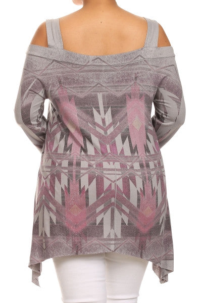 Poliana Plus Ethnic Print Sublimation Top - Lilac/Gray