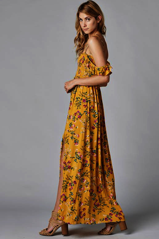 Floral Print Open Shoulder Smocked Maxi Dress - Mustard