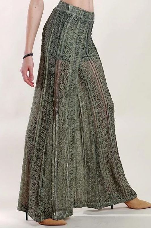 POL Flower Lace Palazzo Pants Shorts Lined - Olive