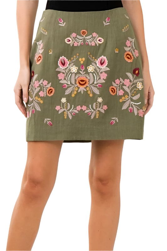 Entro Linen Embroidered Mini Skirt - Olive