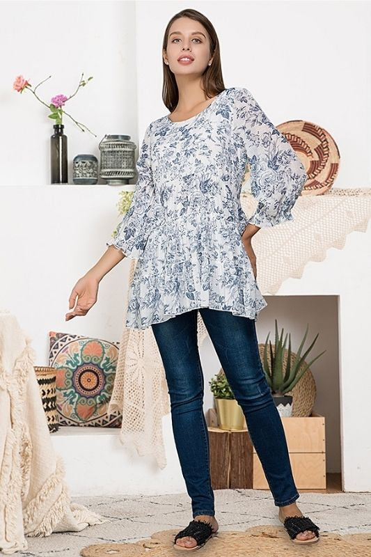 Sassy Bling Blue Roses Layer Ruffle Tunic