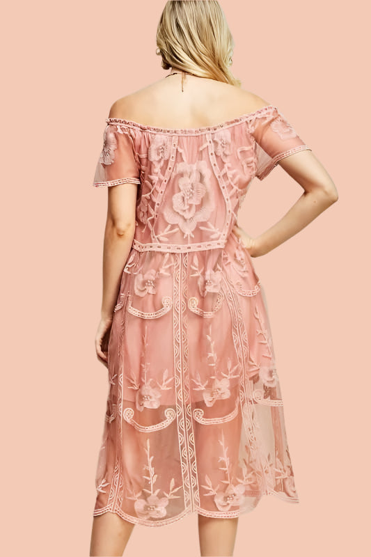 Entro Off Shoulder Sheer Mesh Mini Midi Dress - Blush