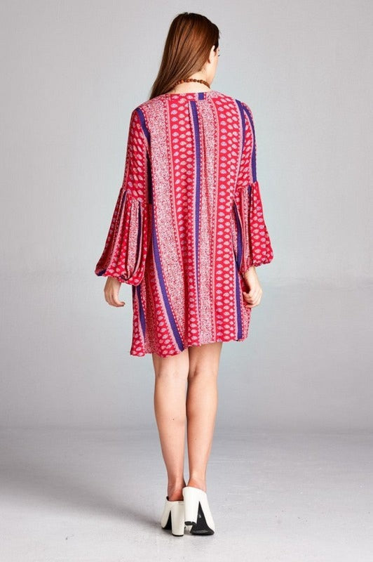 Velzera Boho Shift Print Tunic Dress - Red