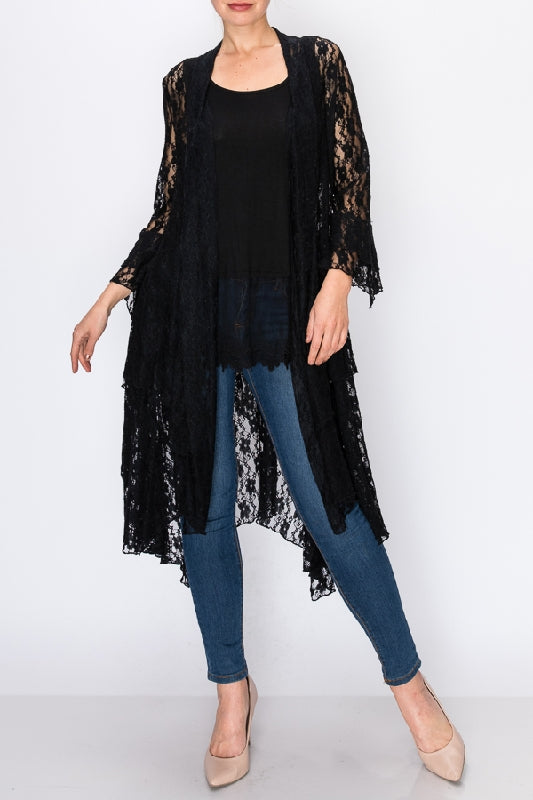 Origami Lace Long Kimono Cardigan - Black