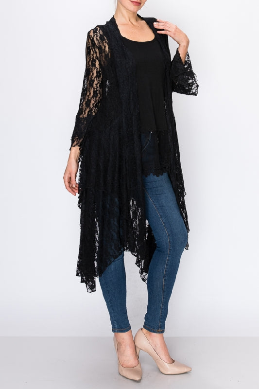 Origami Lace Long Kimono Cardigan - Black