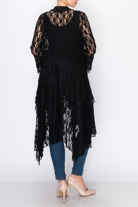 Origami Lace Long Kimono Cardigan - Black