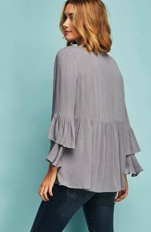 Entro Embroidered Boho Bell Sleeves Top - Grey