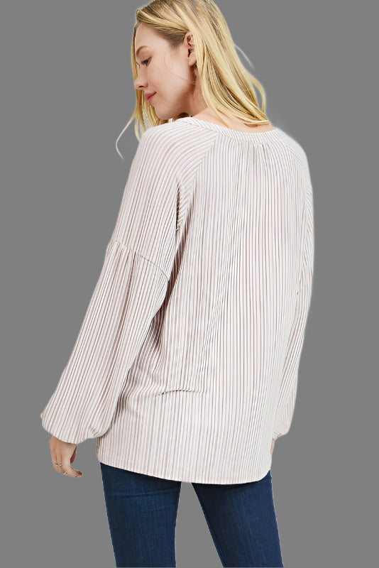 Bubble Sleeve Tassel Ties Stripes Top - Sand Mauve