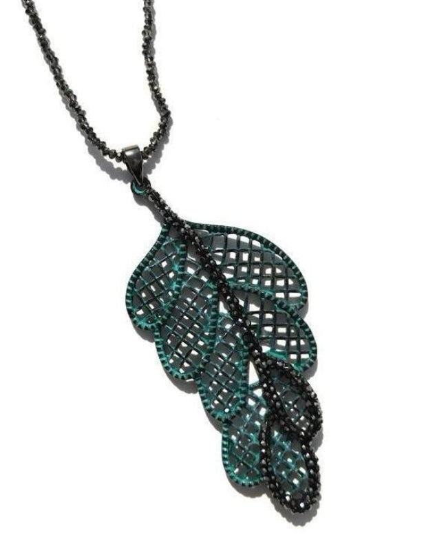 Sparkling Patina Leaf Necklace – Long 32" Beaded Chain