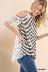 *SALE Umgee Open Shoulder Lace Back Striped Top - Charcoal