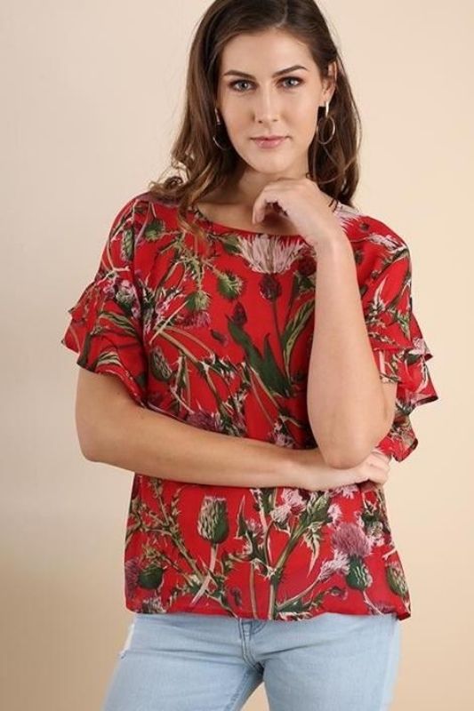 Umgee Floral Print Blouse - Chili Powder