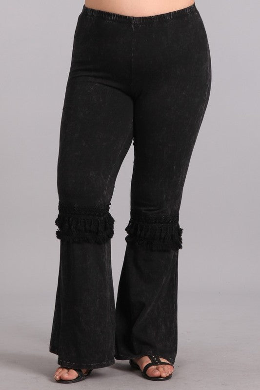 Chatoyant Mineral Wash Plus Size Pants - Black Knee Tassel