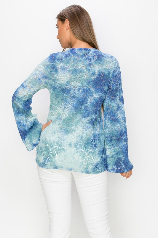 T-Party Romantic Sheer Lace Tie Dye Blouse - Sea Blue