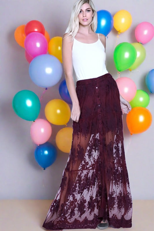 Embroidered Mesh Lace Maxi Mini Skirt - Burgundy