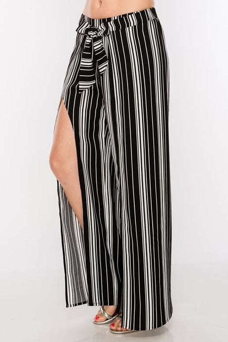 Split Front Chic Striped Pants - Black
