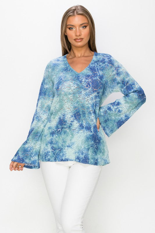 T-Party Romantic Sheer Lace Tie Dye Blouse - Sea Blue