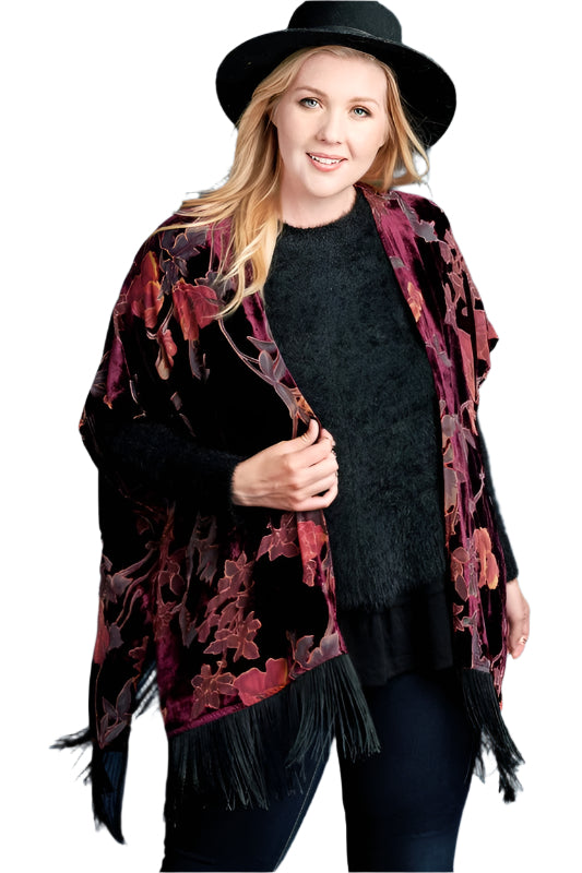 Floral Burnout Velvet Fringe Kimono - Burgundy