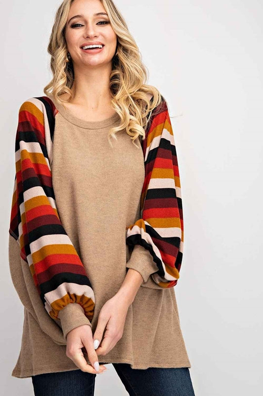 143 Stripes Balloon Sleeve Soft Top - Camel
