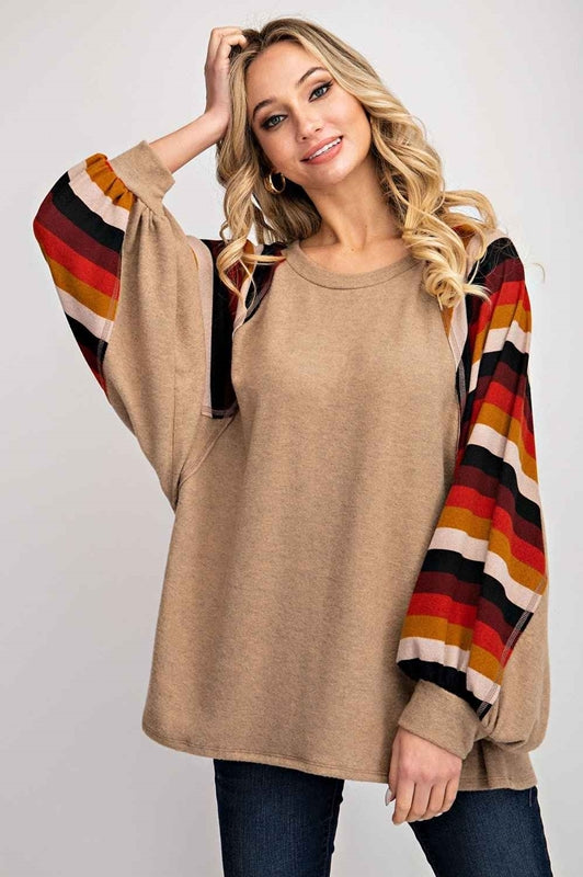 143 Stripes Balloon Sleeve Soft Top - Camel