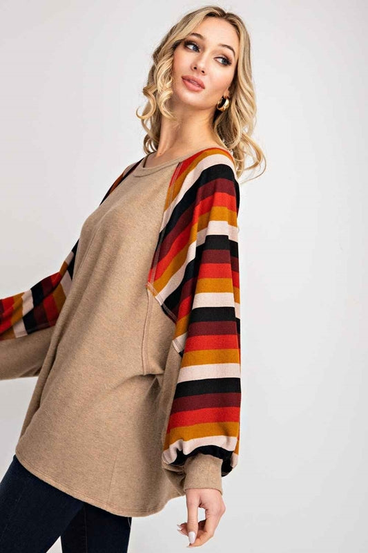 143 Stripes Balloon Sleeve Soft Top - Camel