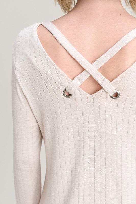 Doe & Rae Ribbed V Neck Cross Back Top - Avocado or Taupe