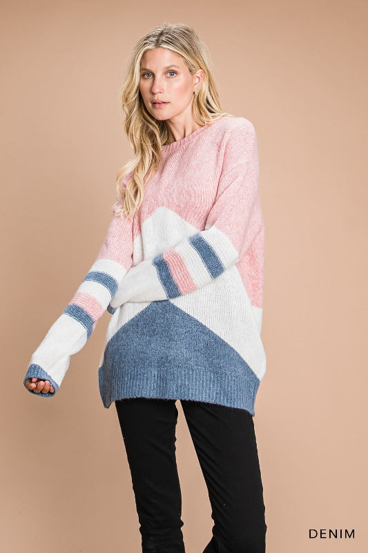 Soft Colorblock Sweater Top - Peach Denim