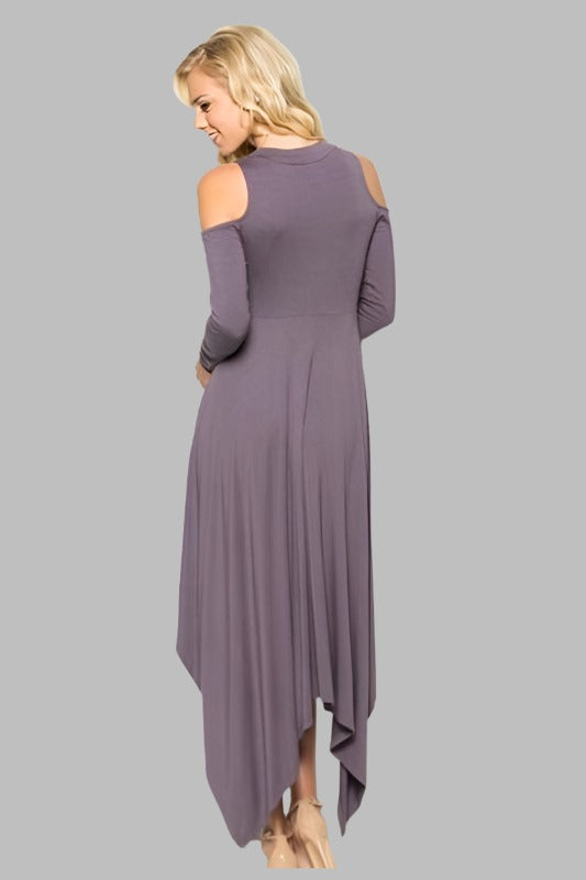 Grace and Cute Hi Lo Cold Shoulder Dress - Purple Taupe