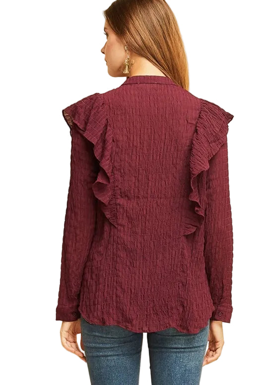 Entro Plisse Ruffle Button Down Shirt Blouse - Wine