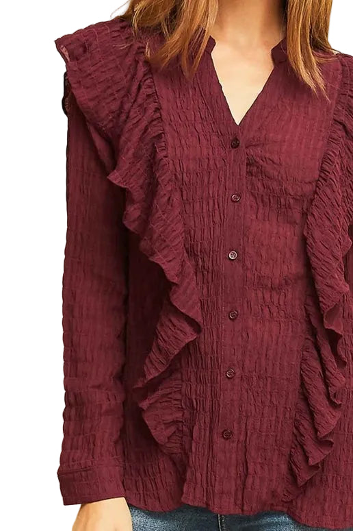 Entro Plisse Ruffle Button Down Shirt Blouse - Wine
