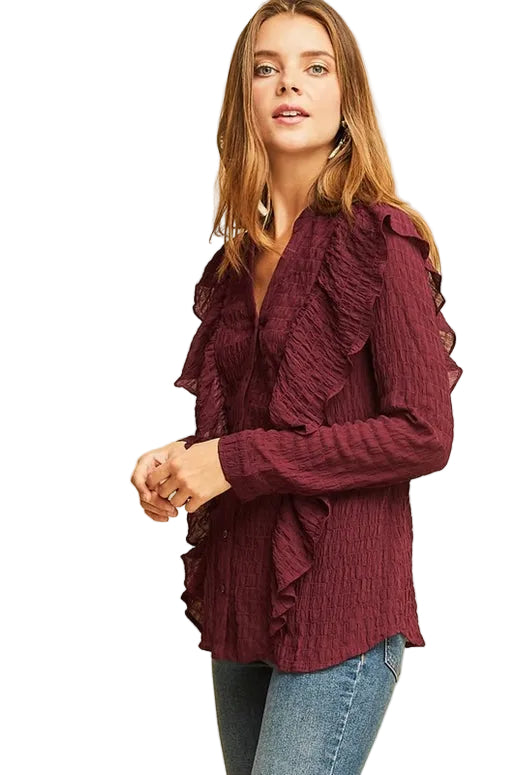 Entro Plisse Ruffle Button Down Shirt Blouse - Wine