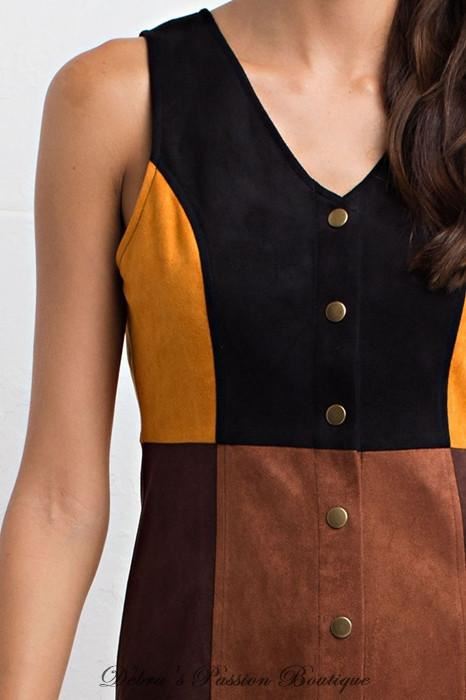 Lunik Faux Suede Colorblock Dress - Brown Multi