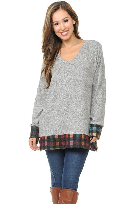 *SALE Light Gray Tunic Rainbow Check Hem