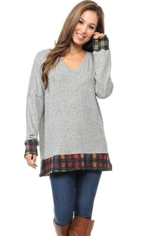 *SALE Light Gray Tunic Rainbow Check Hem