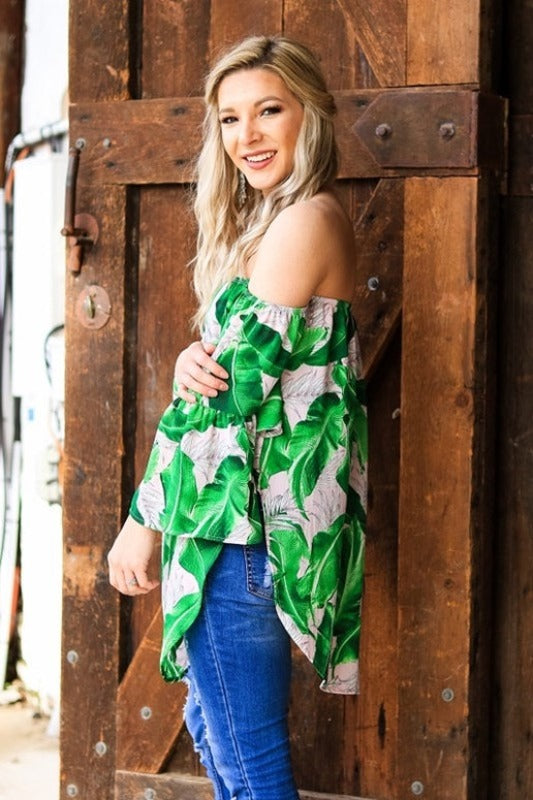 Green Leaf Off Shoulder Tunic Blouse – Crepe Boho Top