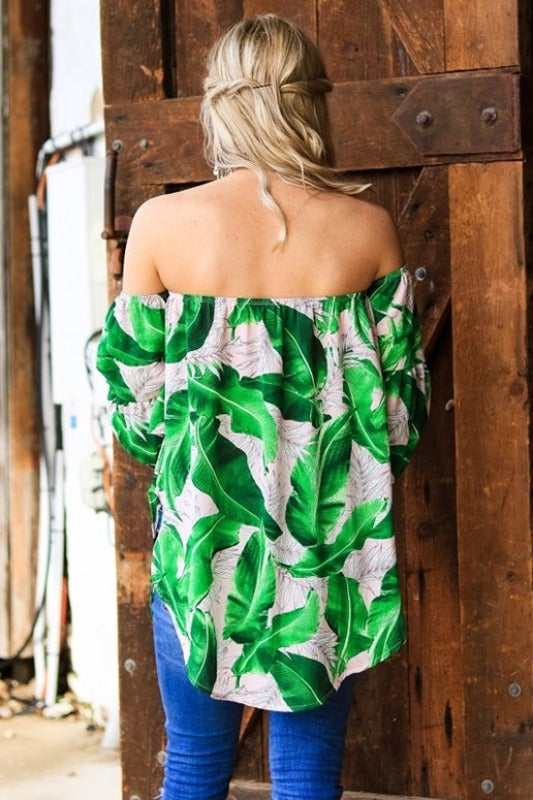 Green Leaf Off Shoulder Tunic Blouse – Crepe Boho Top