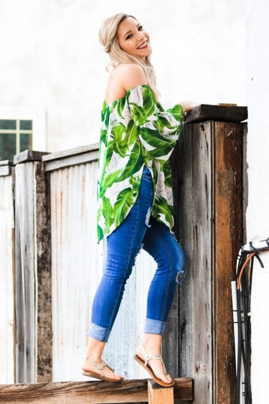 Green Leaf Off Shoulder Tunic Blouse – Crepe Boho Top