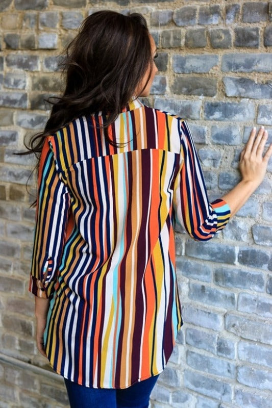 Multicolor Vertical Stripe Tunic Blouse – Roll Tab Sleeve Top