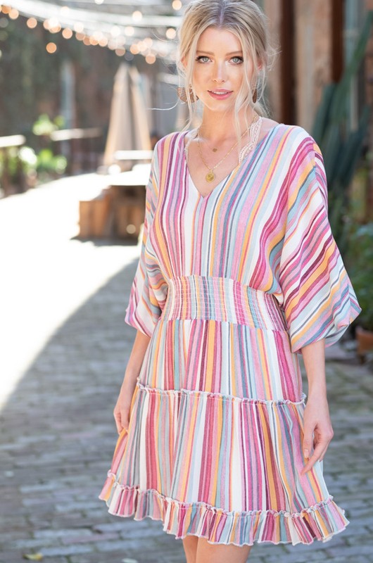 *CLOSEOUT SALE Sherbert Striped Ruffle Tiered Dress - Blush Multi