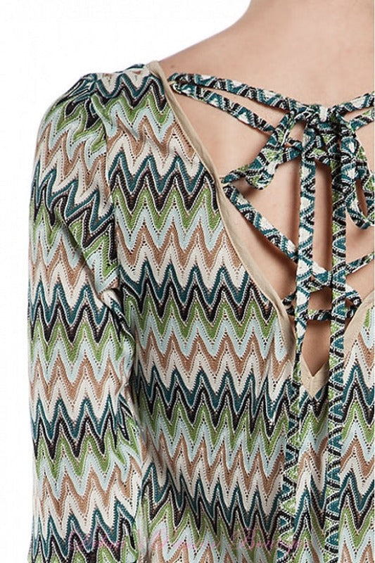 A'Reve Back Lace Up Fringe Tunic - Teal Multi