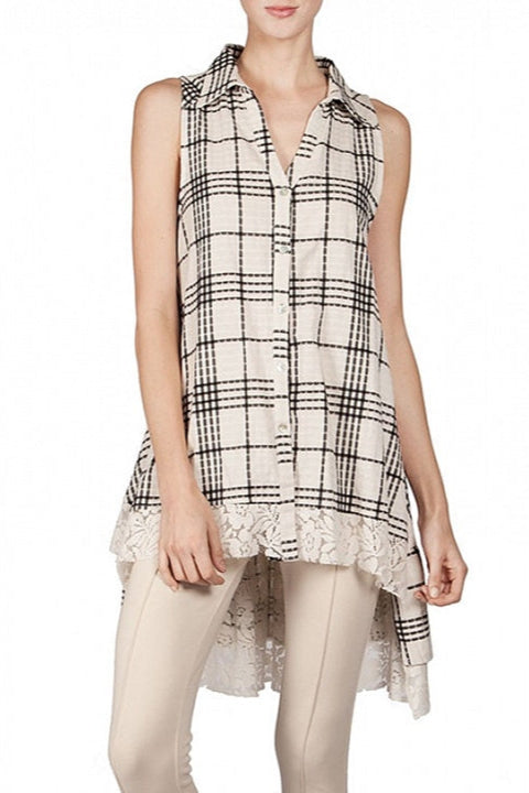 A'Reve Checkered Plaid Shirt Hi Lo - Ivory