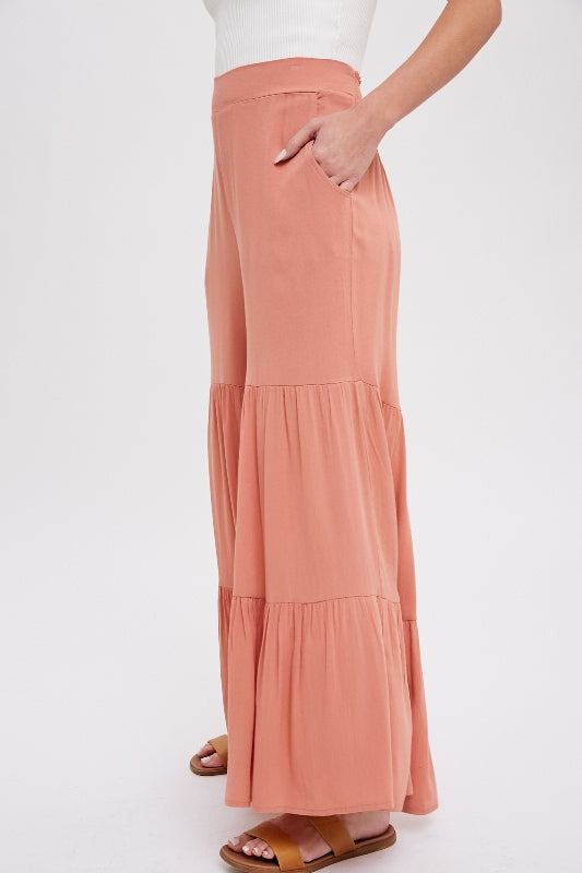 Tiered Ruffle High Waist Palazzo Pants - Clay