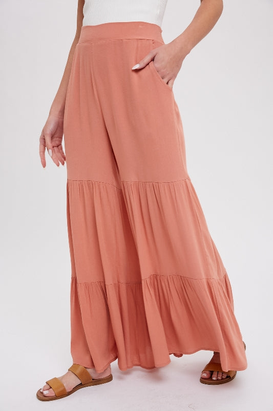 Tiered Ruffle High Waist Palazzo Pants - Clay
