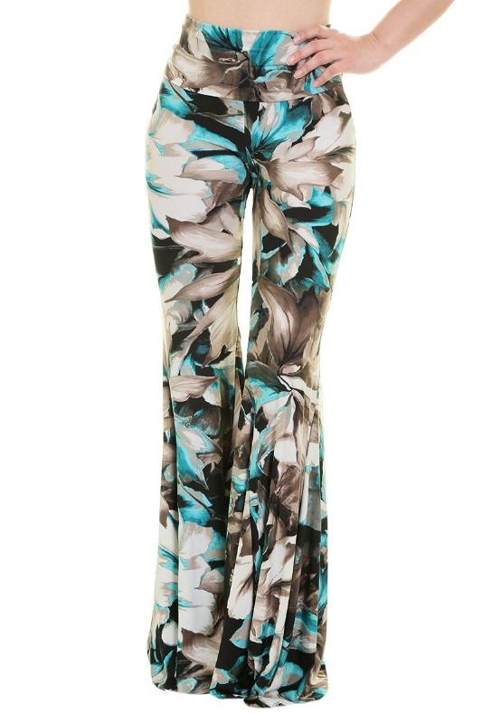 Uptown Tall Wide Bell Bottom Floral Palazzo - Brown Blue