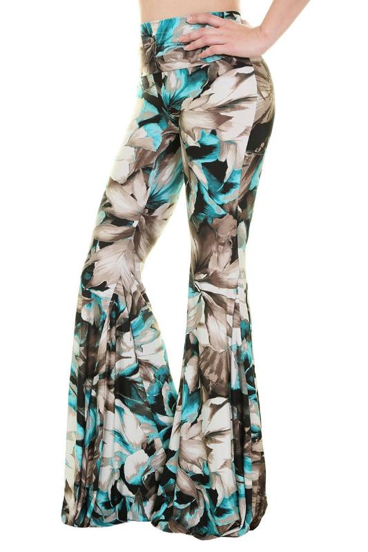 Uptown Tall Wide Bell Bottom Floral Palazzo - Brown Blue