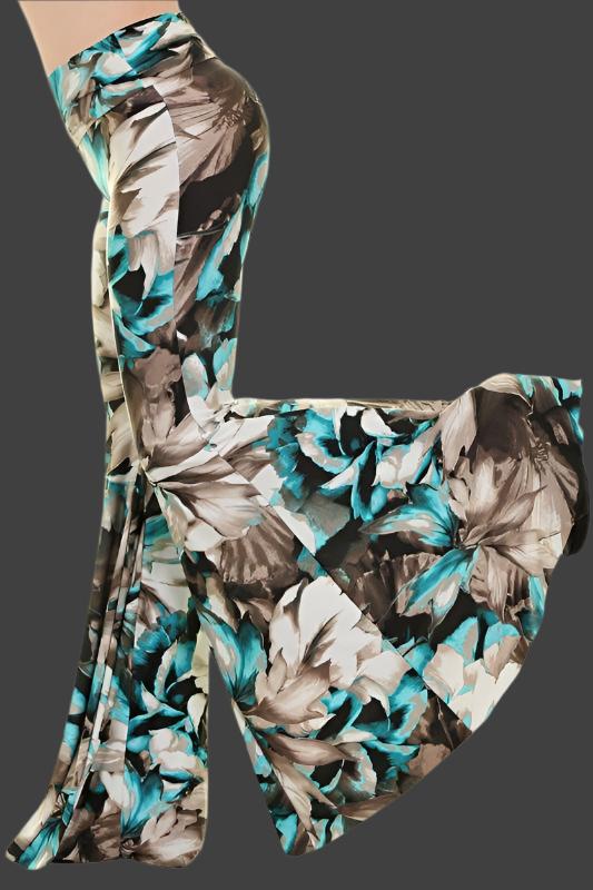 Uptown Tall high waist skinny pants with a wide bell bottom featuring a soft floral print in colors predominantly mint, with a fold-over waistband.